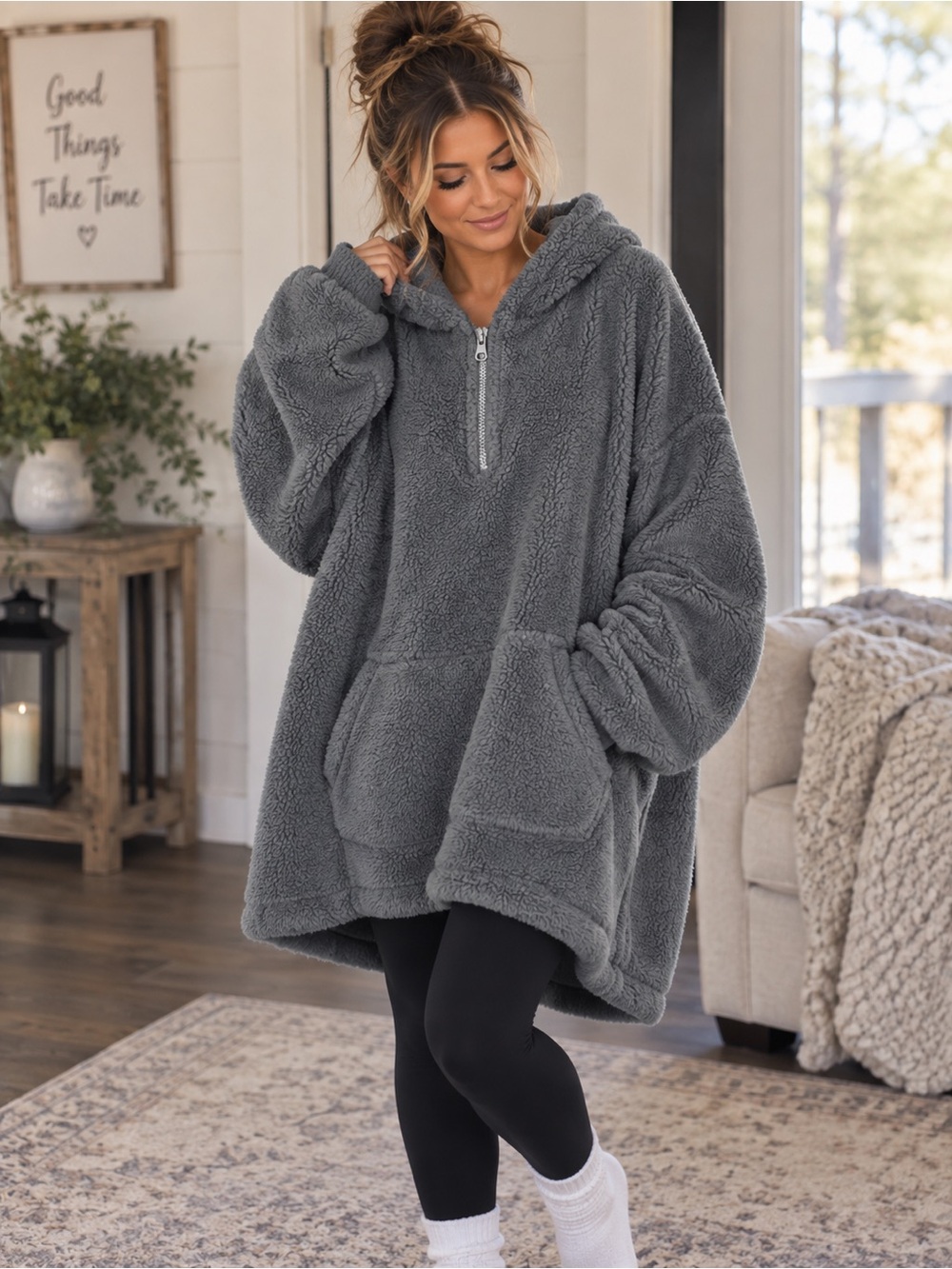 Koolaburra By UGG Gray Sherpa Half-Zip Pullover Oversized